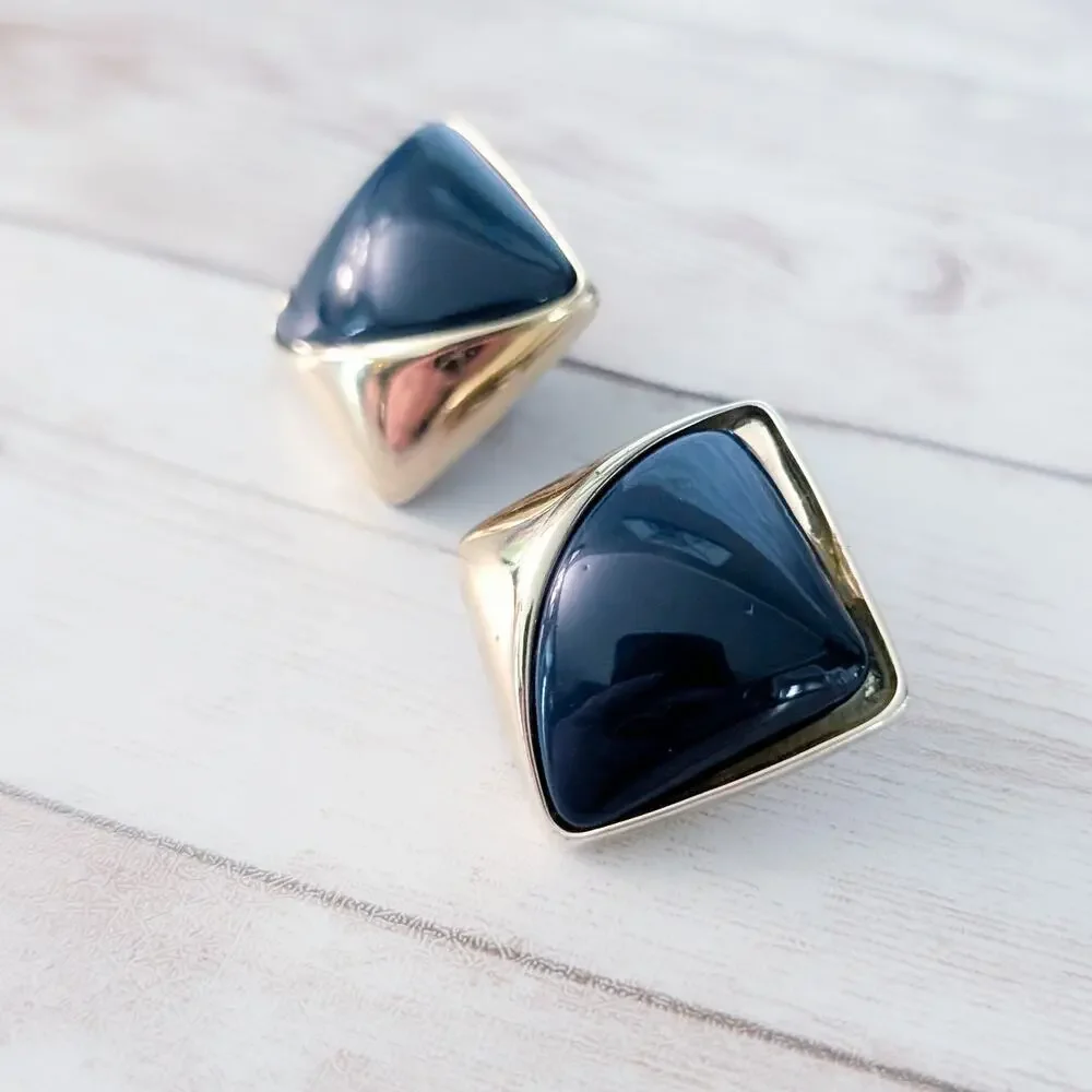 Vintage Clip On Earrings Large Blue & Gold Tone Statement Chunky
